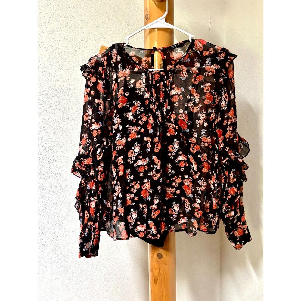 Lucky Brand Floral Ruffle Sleeve Sheer Blouse Black Boho Size Small